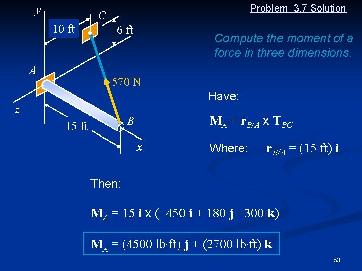 y Problem 3. 7 Solution C 10 ft A 6 ft Compute the moment