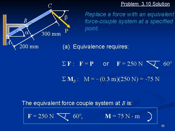 Problem 3. 10 Solution C B a A Replace a force with an equivalent