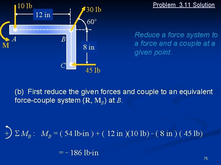 10 lb 30 lb 12 in M A Problem 3. 11 Solution 60 o