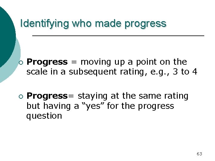 Identifying who made progress ¡ ¡ Progress = moving up a point on the