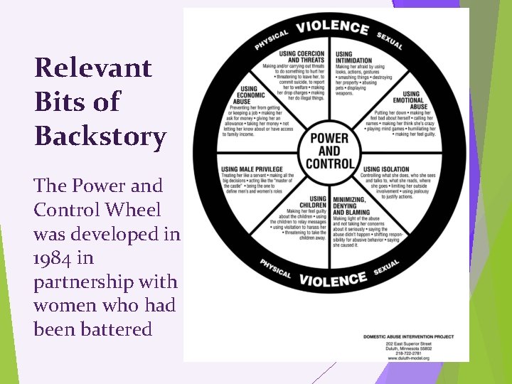 Relevant Bits of Backstory The Power and Control Wheel was developed in 1984 in