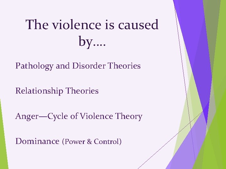 The violence is caused by…. Pathology and Disorder Theories Relationship Theories Anger—Cycle of Violence