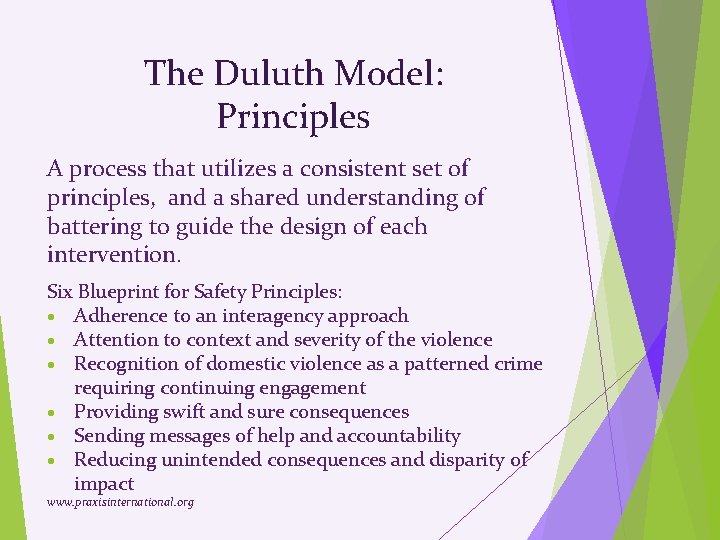 The Duluth Model: Principles A process that utilizes a consistent set of principles, and