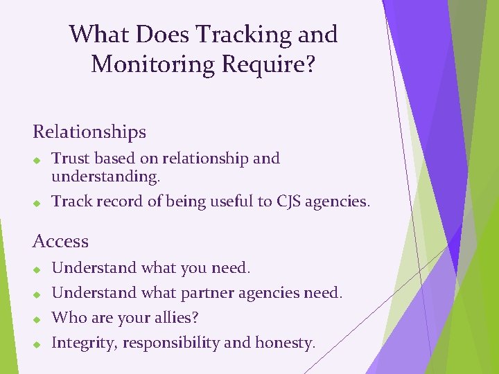 What Does Tracking and Monitoring Require? Relationships Trust based on relationship and understanding. Track