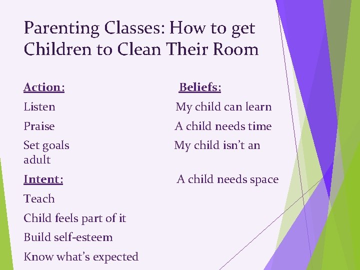 Parenting Classes: How to get Children to Clean Their Room Action: Beliefs: Listen My