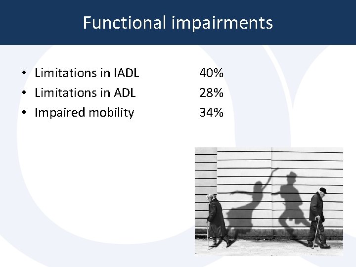 Functional impairments • Limitations in IADL • Limitations in ADL • Impaired mobility 40% Functional impairments • Limitations in IADL • Limitations in ADL • Impaired mobility 40%