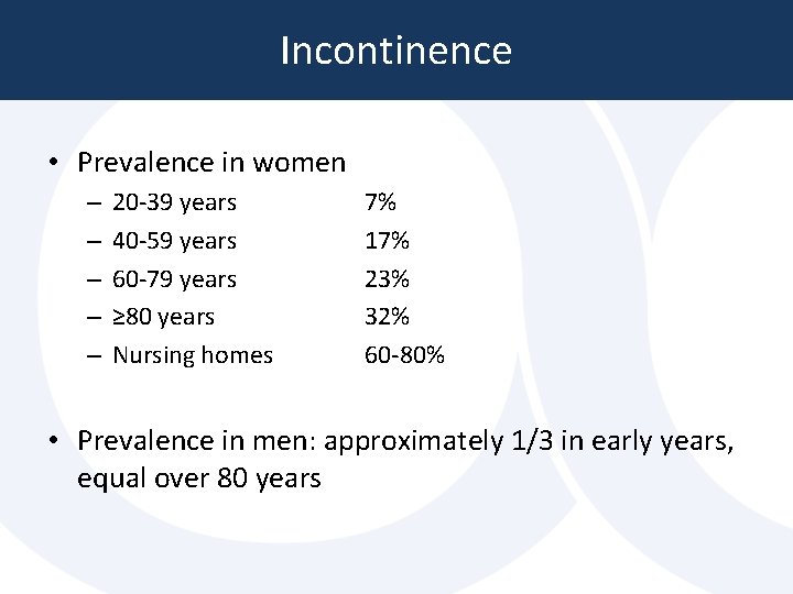 Incontinence • Prevalence in women – – – 20 -39 years 40 -59 years Incontinence • Prevalence in women – – – 20 -39 years 40 -59 years