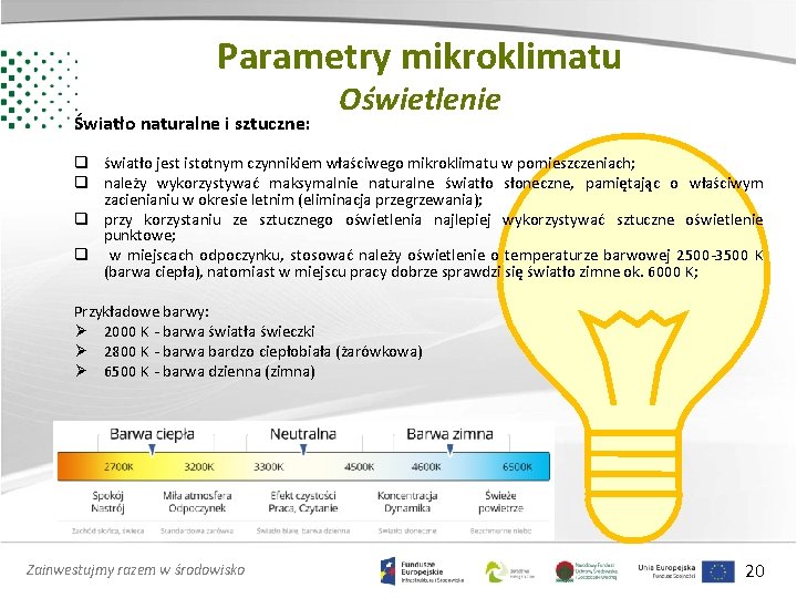 Parametry mikroklimatu Światło naturalne i sztuczne: Oświetlenie q światło jest istotnym czynnikiem właściwego mikroklimatu