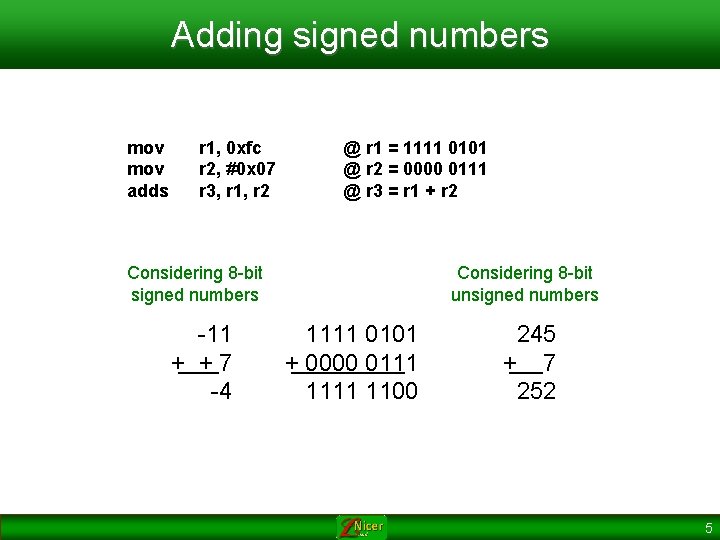 Adding signed numbers mov adds r 1, 0 xfc r 2, #0 x 07