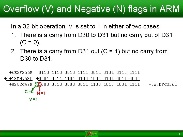 Overflow (V) and Negative (N) flags in ARM In a 32 -bit operation, V