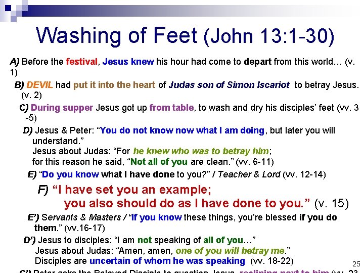 Washing of Feet (John 13: 1 -30) A) Before the festival, Jesus knew his