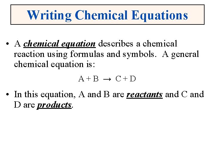 Writing Chemical Equations • A chemical equation describes a chemical reaction using formulas and