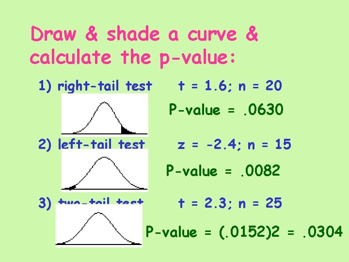 Draw & shade a curve & calculate the p-value: 1) right-tail test t =