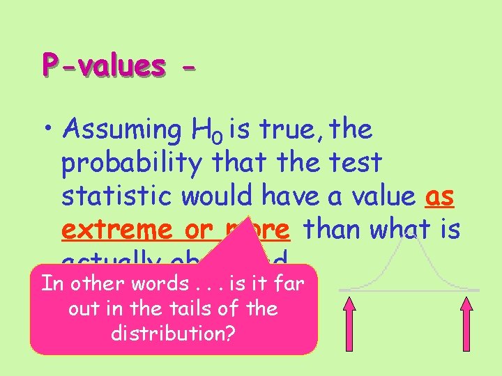P-values • Assuming H 0 is true, the probability that the test statistic would