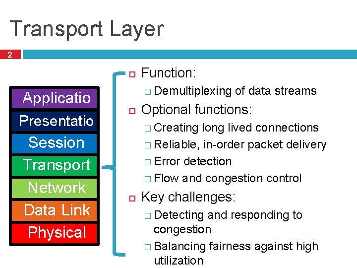 Transport Layer 2 Applicatio n Presentatio n Session Transport Network Data Link Physical Function: