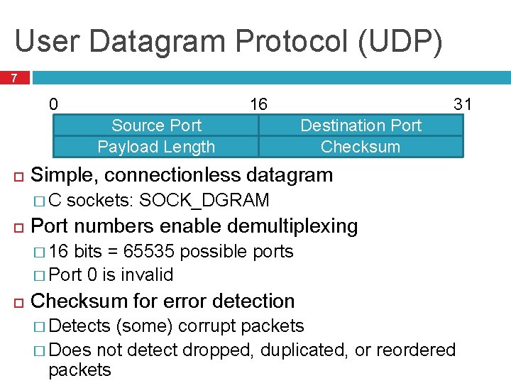 User Datagram Protocol (UDP) 7 0 Source Port Payload Length Destination Port Checksum Simple,