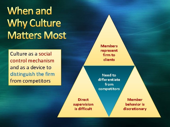 When and Why Culture Matters Most Members represent firm to clients Culture as a