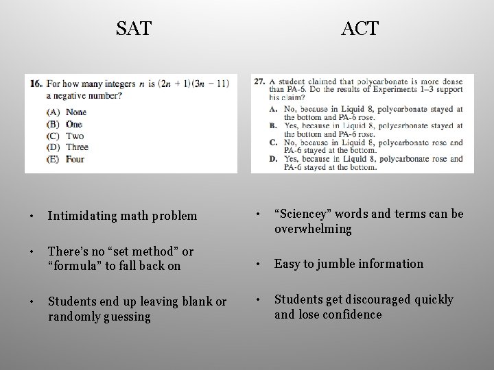 SAT ACT • Intimidating math problem • “Sciencey” words and terms can be overwhelming