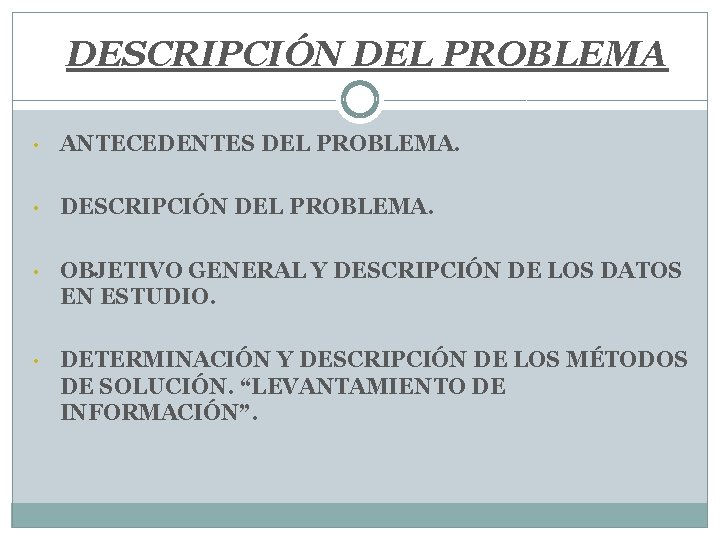 DESCRIPCIÓN DEL PROBLEMA • ANTECEDENTES DEL PROBLEMA. • DESCRIPCIÓN DEL PROBLEMA. • OBJETIVO GENERAL