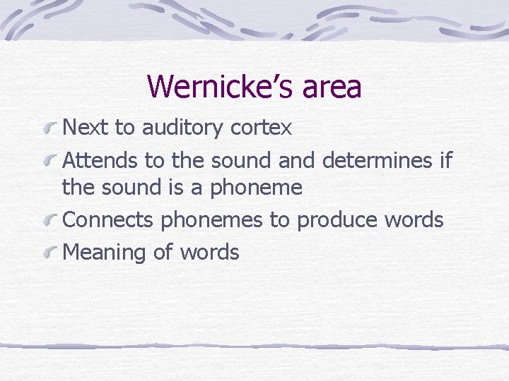 Wernicke’s area Next to auditory cortex Attends to the sound and determines if the