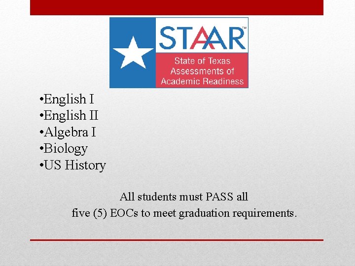  • English II • Algebra I • Biology • US History All students