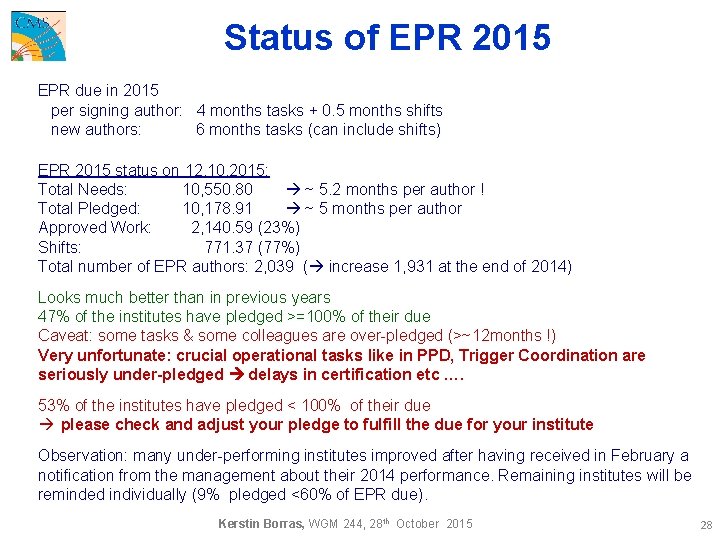 Status of EPR 2015 EPR due in 2015 per signing author: 4 months tasks