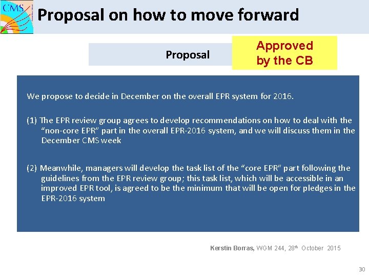 Proposal on how to move forward Proposal Approved by the CB We propose to