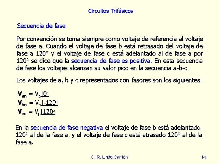 Circuitos Trifásicos Secuencia de fase Por convención se toma siempre como voltaje de referencia