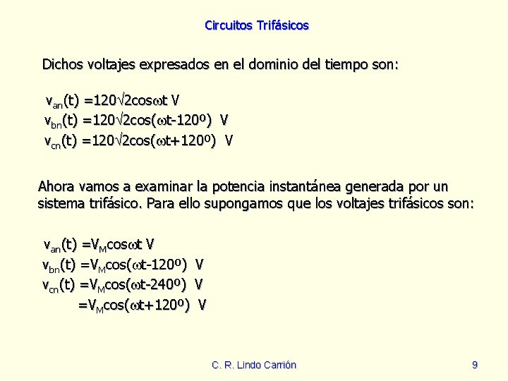 Circuitos Trifásicos Dichos voltajes expresados en el dominio del tiempo son: van(t) =120 2