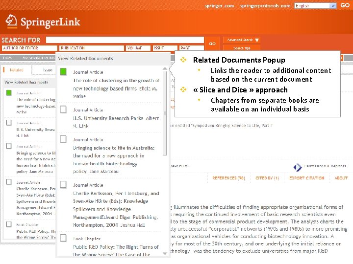 v Related Documents Popup • Links the reader to additional content based on the
