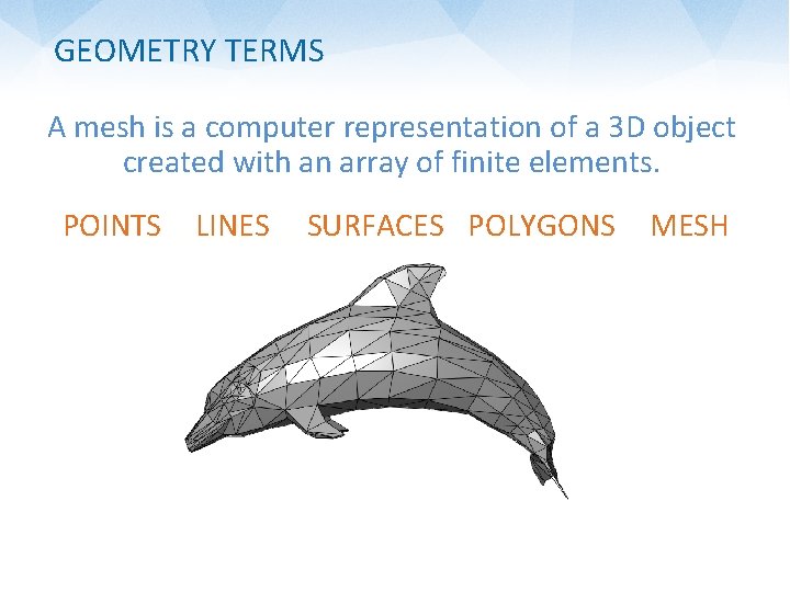 GEOMETRY TERMS A mesh is a computer representation of a 3 D object created