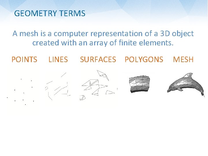 GEOMETRY TERMS A mesh is a computer representation of a 3 D object created