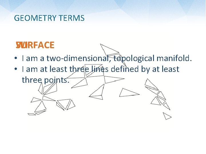 GEOMETRY TERMS WHAT AM I? SURFACE • I am a two-dimensional, topological manifold. •