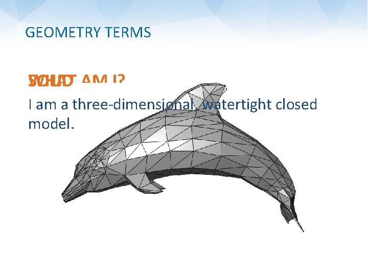 GEOMETRY TERMS WHAT AM I? SOLID I am a three-dimensional, watertight closed model. 