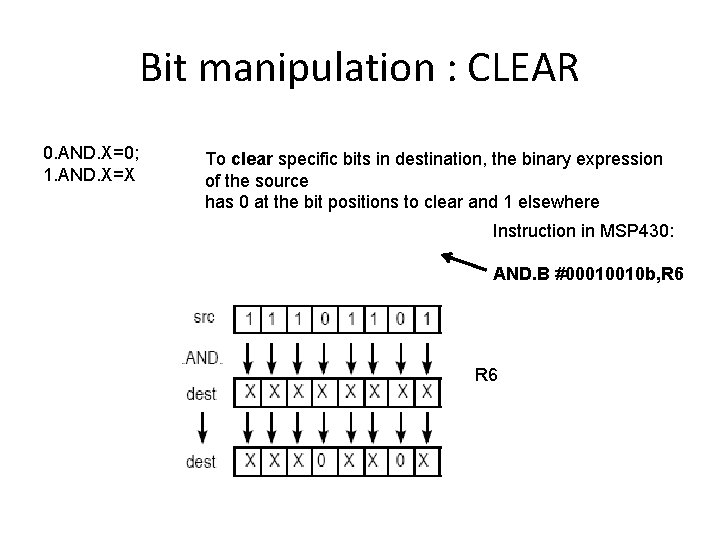 Bit manipulation : CLEAR 0. AND. X=0; 1. AND. X=X To clear specific bits