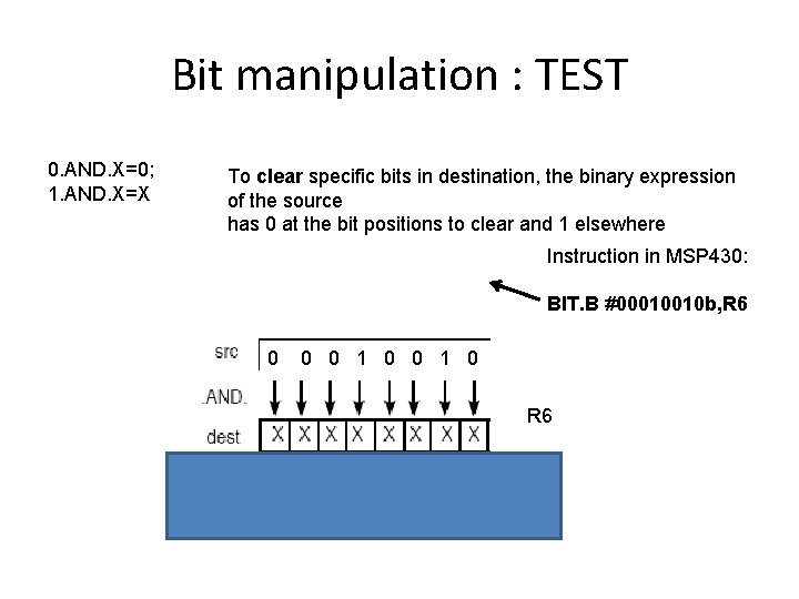 Bit manipulation : TEST 0. AND. X=0; 1. AND. X=X To clear specific bits
