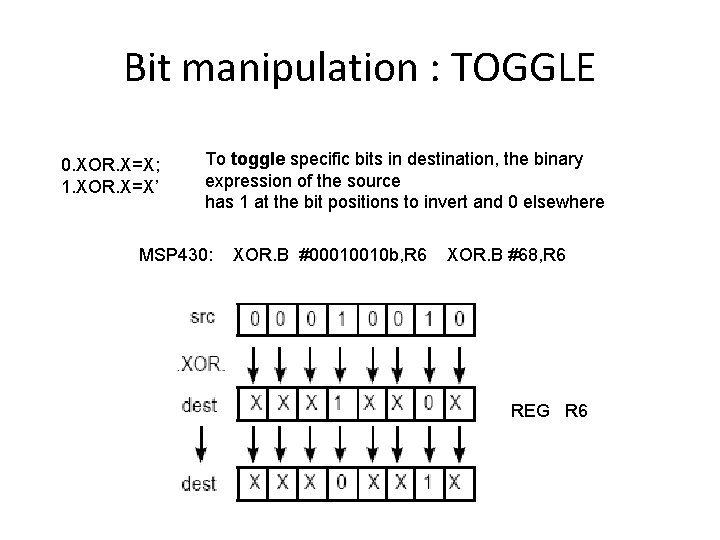 Bit manipulation : TOGGLE 0. XOR. X=X; 1. XOR. X=X’ To toggle specific bits