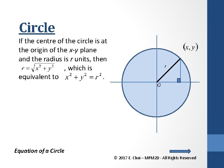 Circle If the centre of the circle is at the origin of the x-y