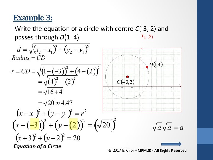 Example 3: Write the equation of a circle with centre C(-3, 2) and passes