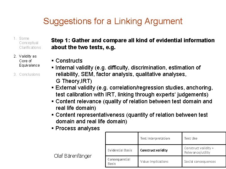 Suggestions for a Linking Argument 1. Some Conceptual Clarifications 2. Validity as Core of