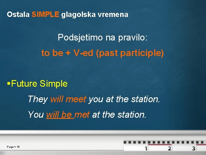 Ostala SIMPLE glagolska vremena Podsjetimo na pravilo: to be + V-ed (past participle) Future