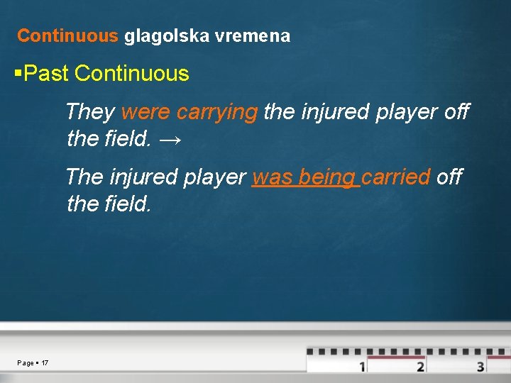 Continuous glagolska vremena Past Continuous They were carrying the injured player off the field.