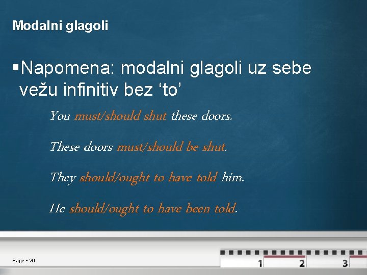 Modalni glagoli Napomena: modalni glagoli uz sebe vežu infinitiv bez ‘to’ You must/should shut