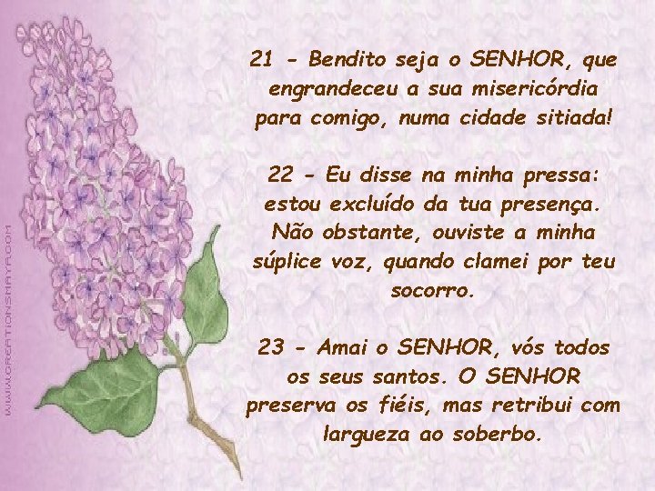 21 - Bendito seja o SENHOR, que engrandeceu a sua misericórdia para comigo, numa