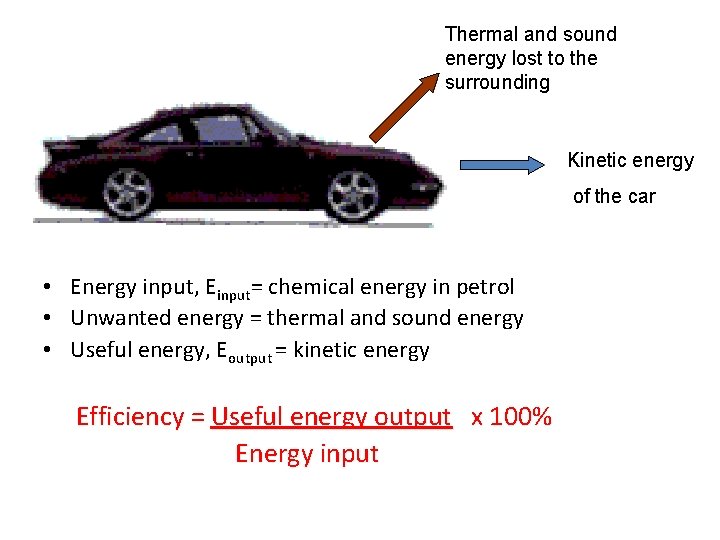 Thermal and sound energy lost to the surrounding Chemical energy in petrol • Energy