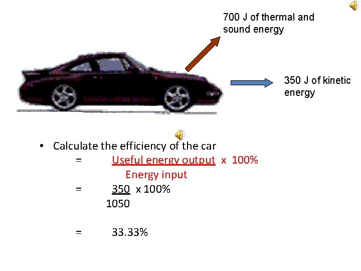 700 J of thermal and sound energy 1500 J of chemical energy in petrol