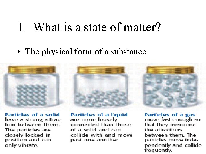1. What is a state of matter? • The physical form of a substance