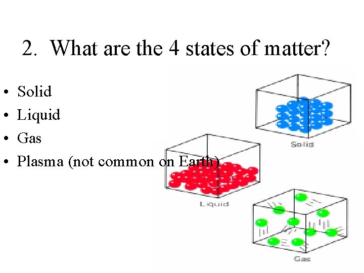 2. What are the 4 states of matter? • • Solid Liquid Gas Plasma