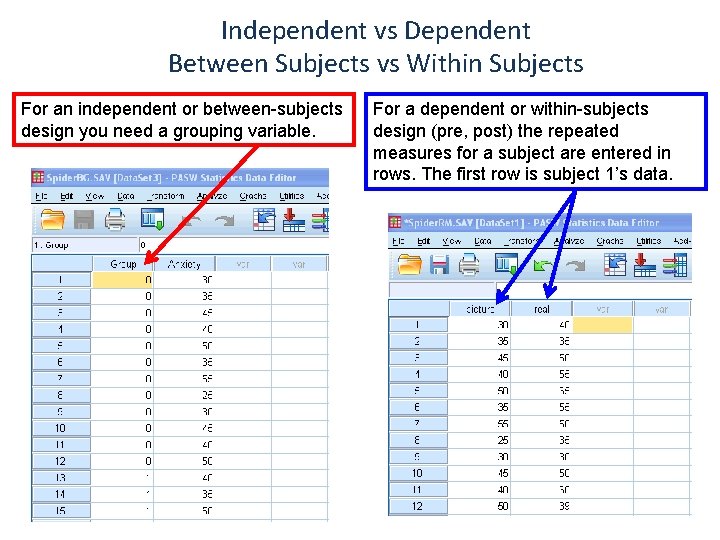 Independent vs Dependent Between Subjects vs Within Subjects For an independent or between-subjects design