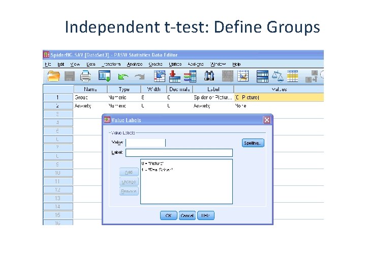 Independent t-test: Define Groups 